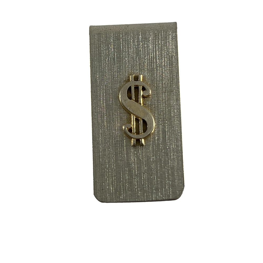 Vintage Metal Silver Tone Dollar Sign Money Clip Textured 2" X 1"